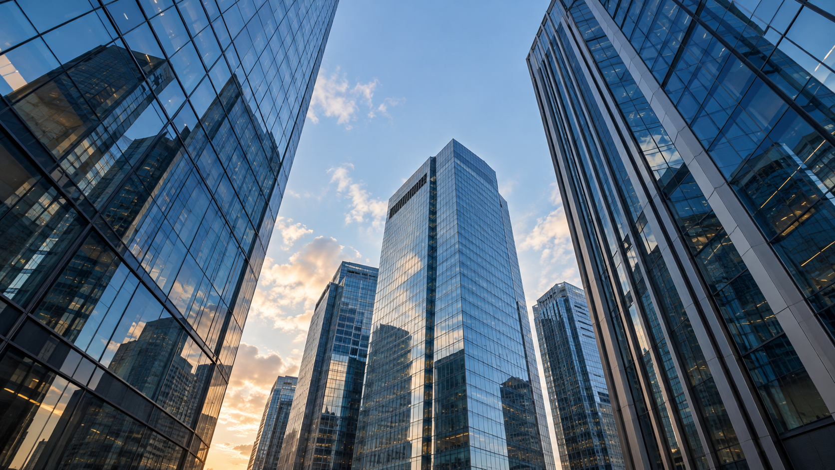 Blue glass office towers viewed from below